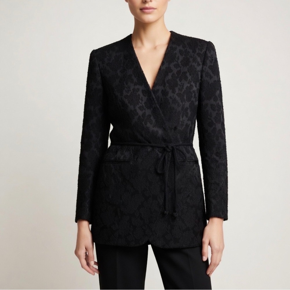 Vintage Rena Rowan Black Floral Jacquard Wrap Blazer Jacket 4P Career Romantic - Picture 2 of 9